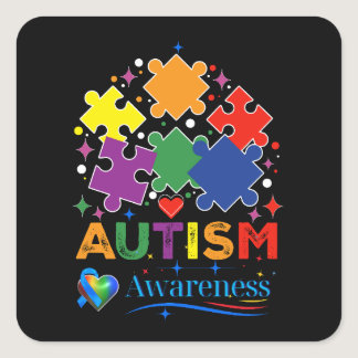 Autism Awareness Heart Puzzle Piece Blue Ribbon De Square Sticker
