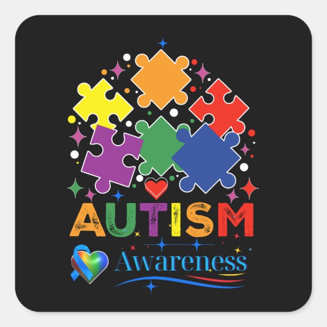 Autism Awareness Heart Puzzle Piece Blue Ribbon De Square Sticker (Front)