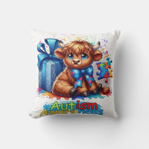Autism Awareness Highland Cow Accent Pillow