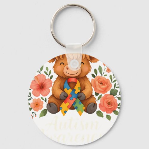 Autism Awareness Highland Cow Flora Keychain