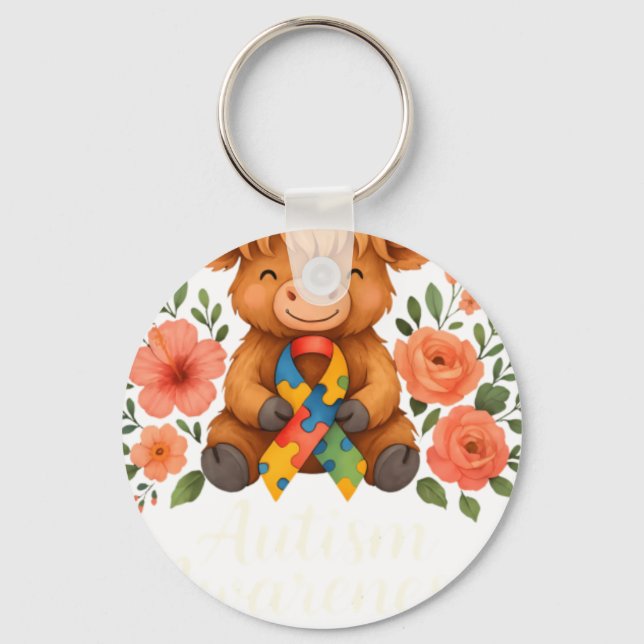Autism Awareness Highland Cow Flora Keychain (Front)