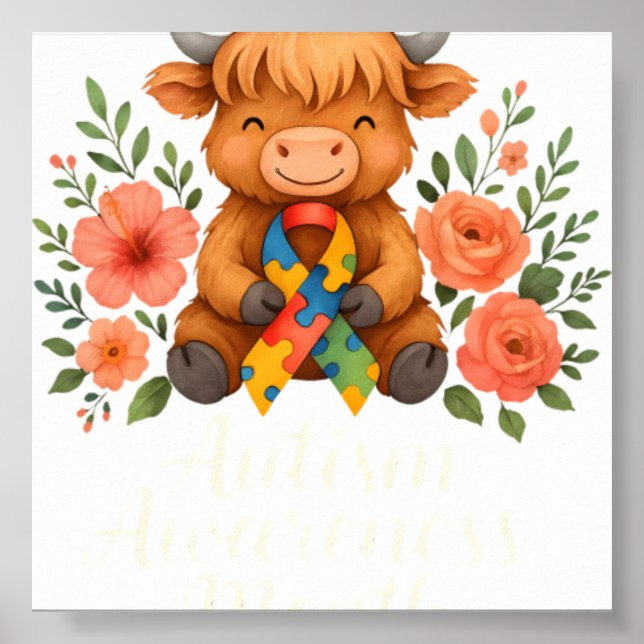 Autism Awareness Highland Cow Flora Poster (Front)