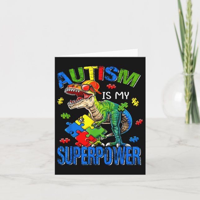 Autism Awareness Is My Superpower Dinosaur Puzzle  Card (Front)