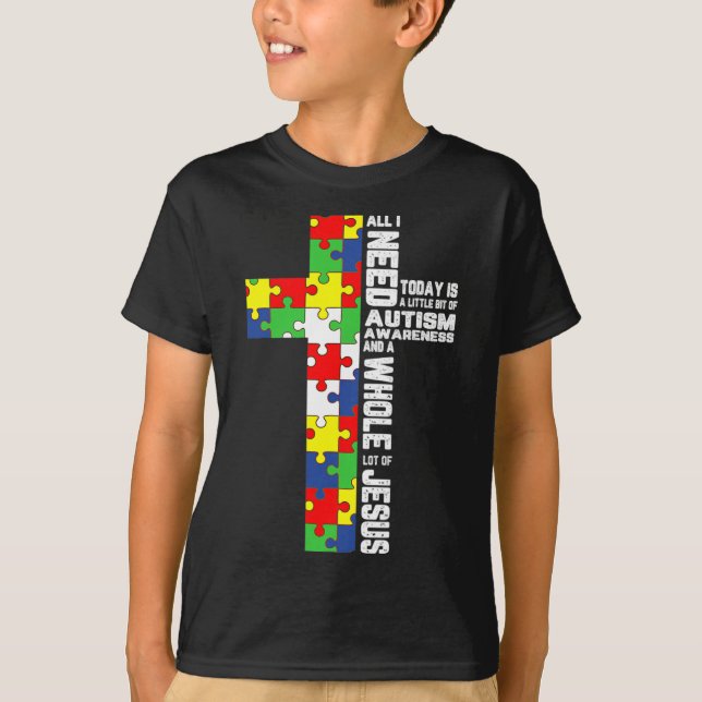 Autism Awareness Jesus Cross Puzzle Cool Christian T-Shirt (Front)
