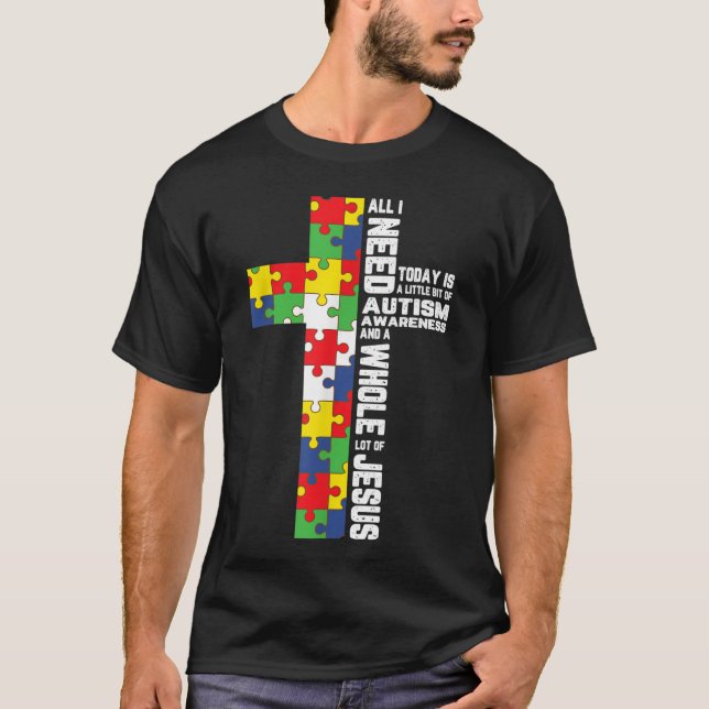 Autism Awareness Jesus Cross Puzzle Cool Christian T-Shirt (Front)
