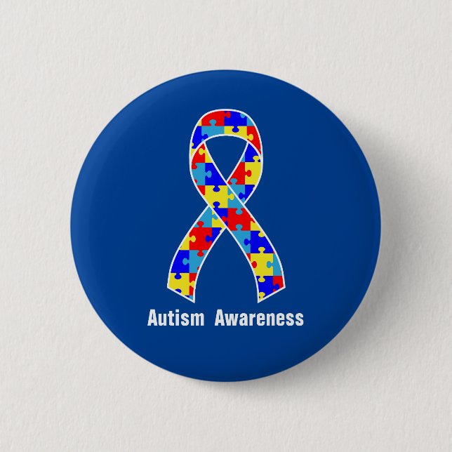 Autism Awareness Jigsaw Puzzle Ribbon Button (Front)