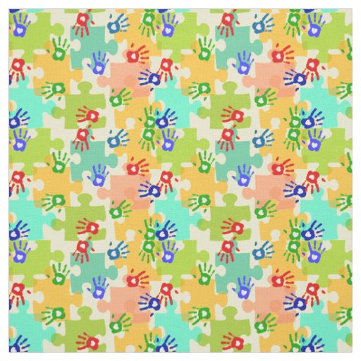 Autism Awareness Kids Hands Puzzle Pieces Yellow I Fabric