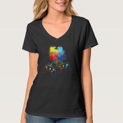 Autism Awareness Kids Video Gamer Puzzle Piece Blu T_Shirt