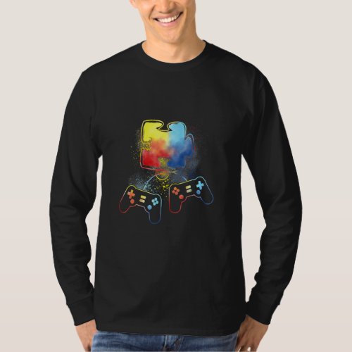 Autism Awareness Kids Video Gamer Puzzle Piece Blu T_Shirt