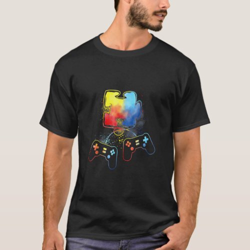 Autism Awareness Kids Video Gamer Puzzle Piece Blu T_Shirt