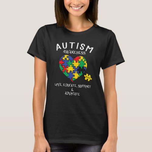 Autism Awareness Love Educate Advocate Puzzle Hear T-Shirt