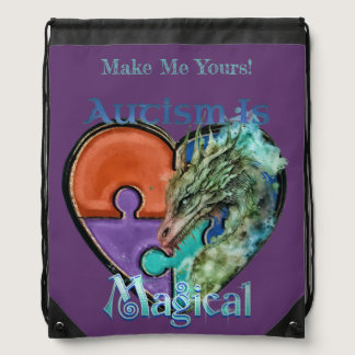 Autism Awareness Magical Dragon Puzzle Piece Heart Drawstring Bag