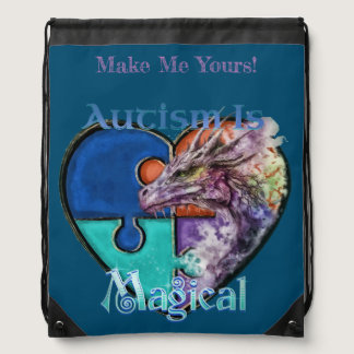 Autism Awareness Magical Dragon Puzzle Piece Heart Drawstring Bag