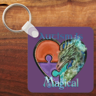 Autism Awareness Magical Dragon Puzzle Piece Heart Keychain