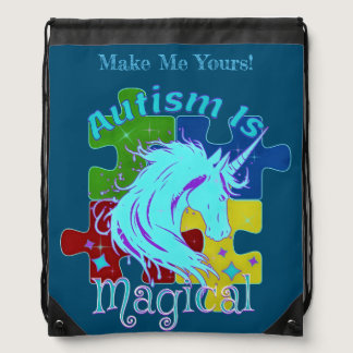 Autism Awareness Magical Unicorn on Puzzle Pieces Drawstring Bag