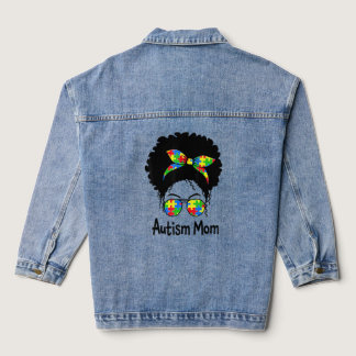 Autism Awareness Messy Bun Mom Afro Autism Puzzle  Denim Jacket