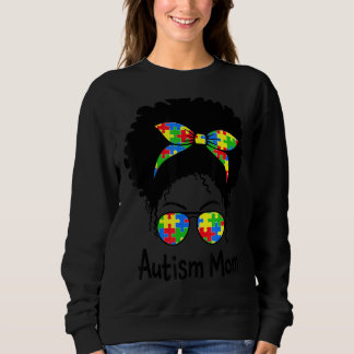 Autism Awareness Messy Bun Mom Afro Autism Puzzle  Sweatshirt