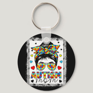 Autism Awareness Mom Life Messy Bun Bleached Mothe Keychain