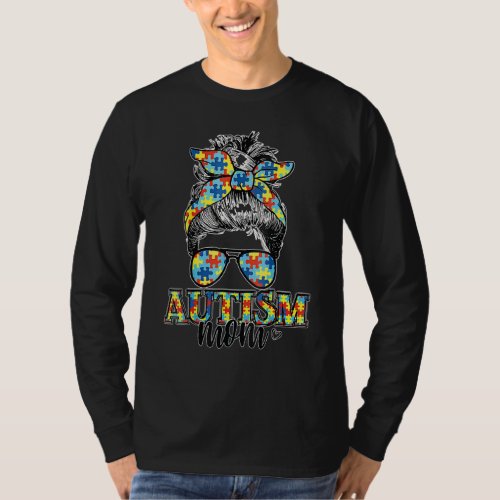 Autism Awareness Mom Life Messy Bun Hair Mama Moth T_Shirt