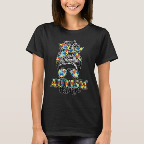 Autism Awareness Mom Life Messy Bun Hair Mama Moth T_Shirt