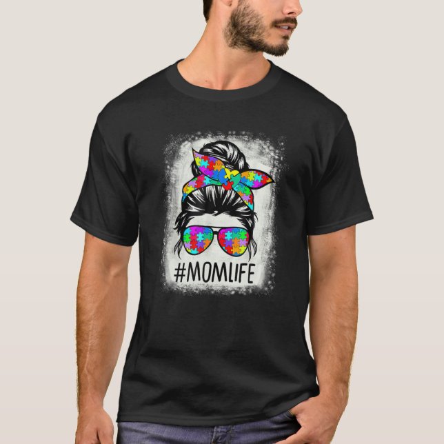 Autism Awareness Momlife Messy Bun Puzzle Beached T-Shirt (Front)