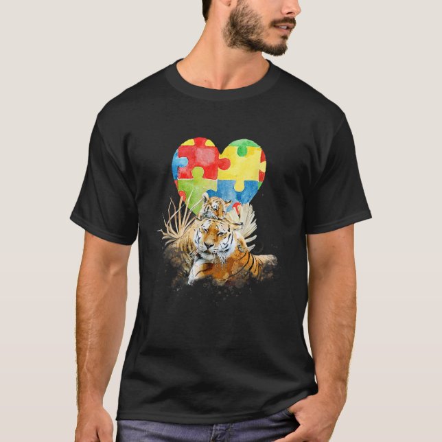 Autism Awareness Mommy Tiger with Baby Puzzle Hear T-Shirt (Front)