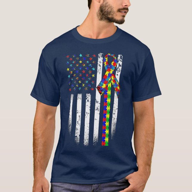Autism Awareness Month American Flag Autistic T-Shirt (Front)