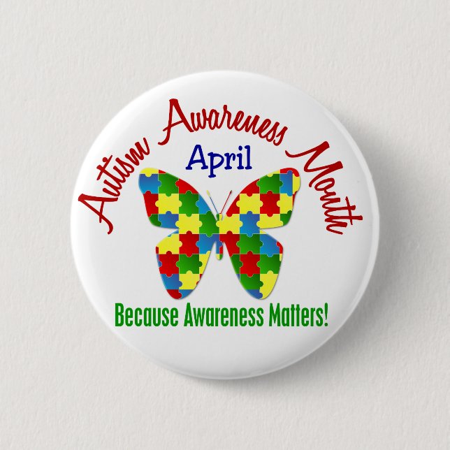AUTISM AWARENESS MONTH APRIL Puzzle Butterfly Button (Front)