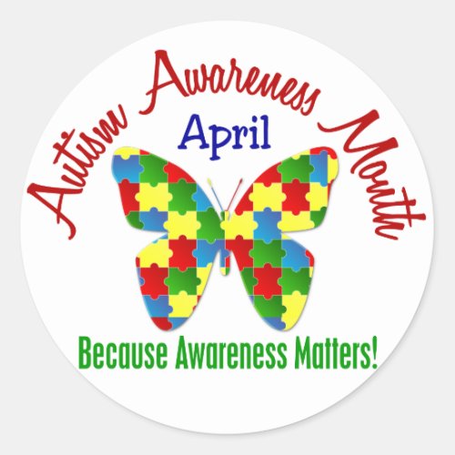 AUTISM AWARENESS MONTH APRIL Puzzle Butterfly Classic Round Sticker