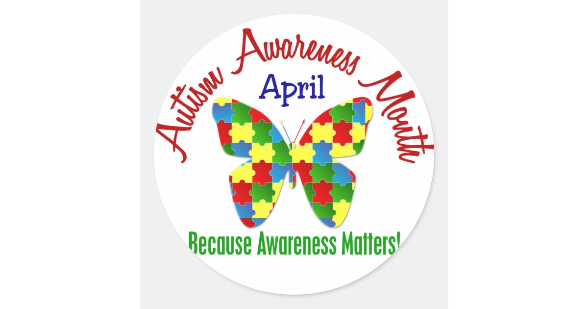 AUTISM AWARENESS MONTH APRIL Puzzle Butterfly Classic Round Sticker ...
