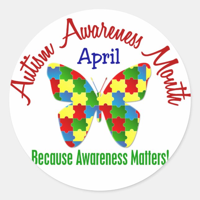AUTISM AWARENESS MONTH APRIL Puzzle Butterfly Classic Round Sticker (Front)