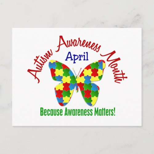 AUTISM AWARENESS MONTH APRIL Puzzle Butterfly Postcard