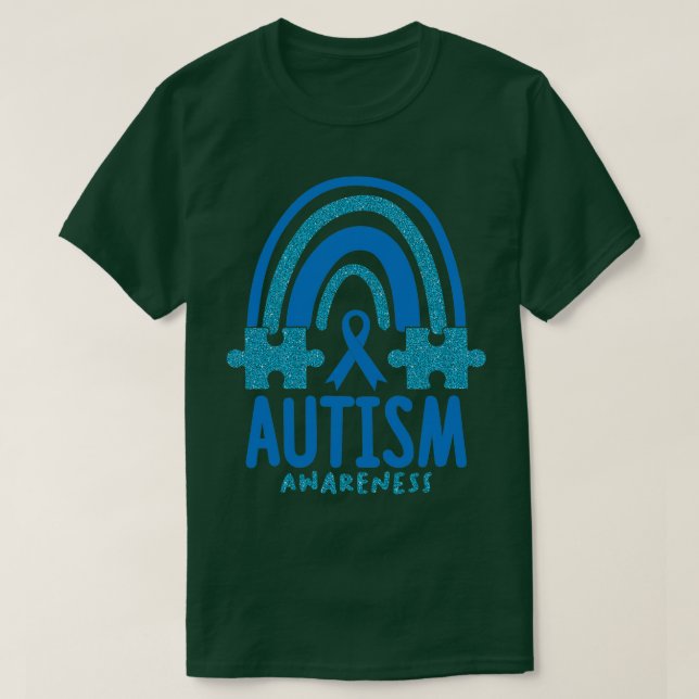 Autism Awareness Month Blue Rainbow Puzzle Pieces  T-Shirt (Design Front)