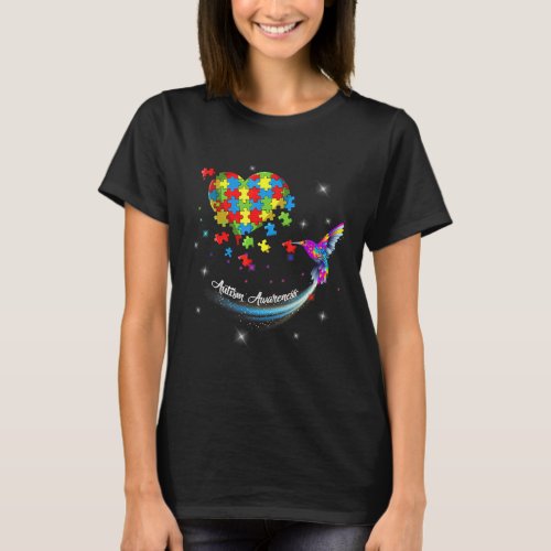Autism Awareness Month Hummingbird Ribbon Puzzle H T_Shirt