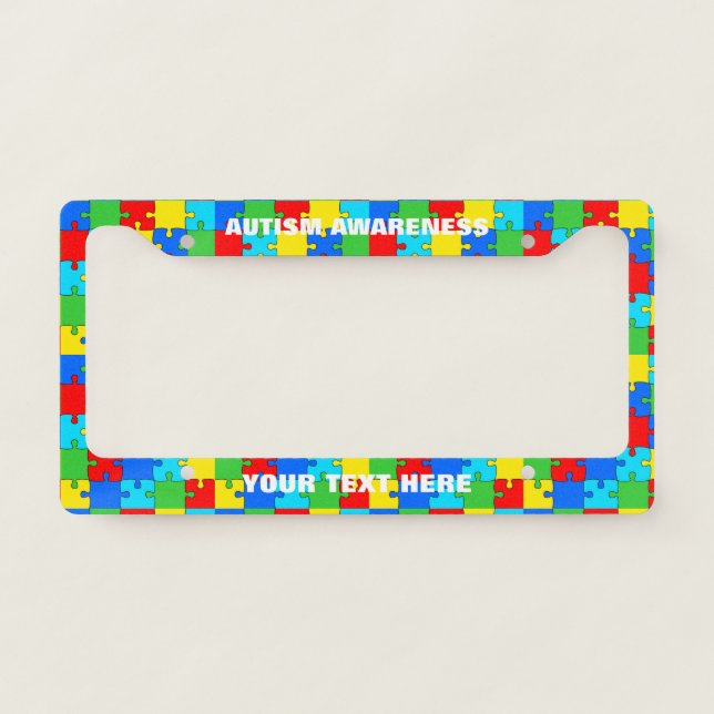 Autism Awareness Month Rainbow Puzzle Custom License Plate Frame (Front)