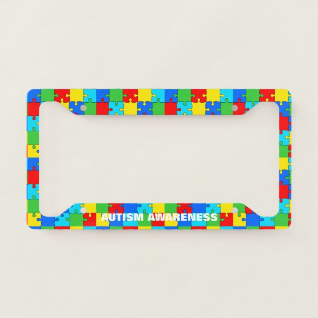 Autism Awareness Month Rainbow Puzzle Pattern License Plate Frame (Front)