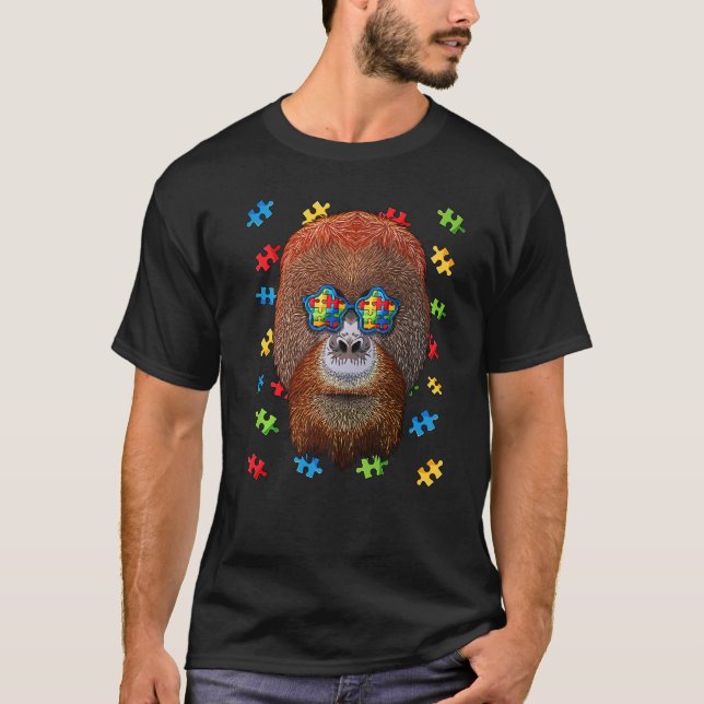 Autism Awareness Orangutan Puzzle Sunglasses Autis T-Shirt (Front)