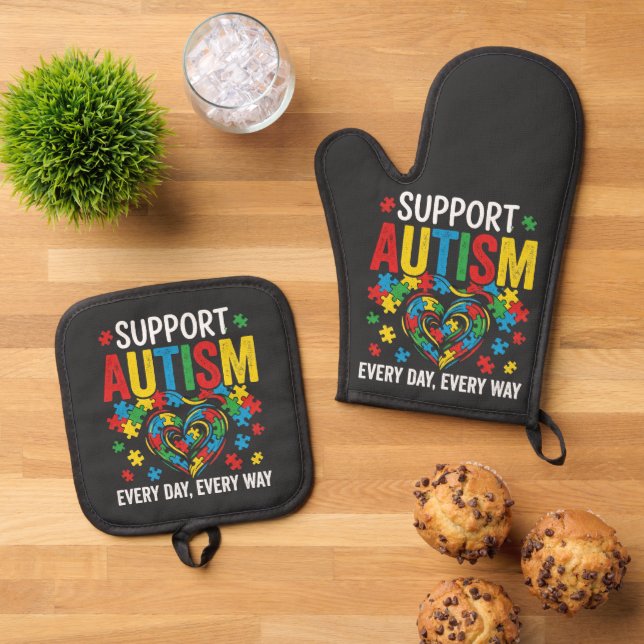 Autism awareness oven mitt & pot holder set (Top Down)