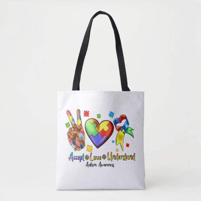Autism Awareness Peace Puzzle Heart Tote Bag (Front)