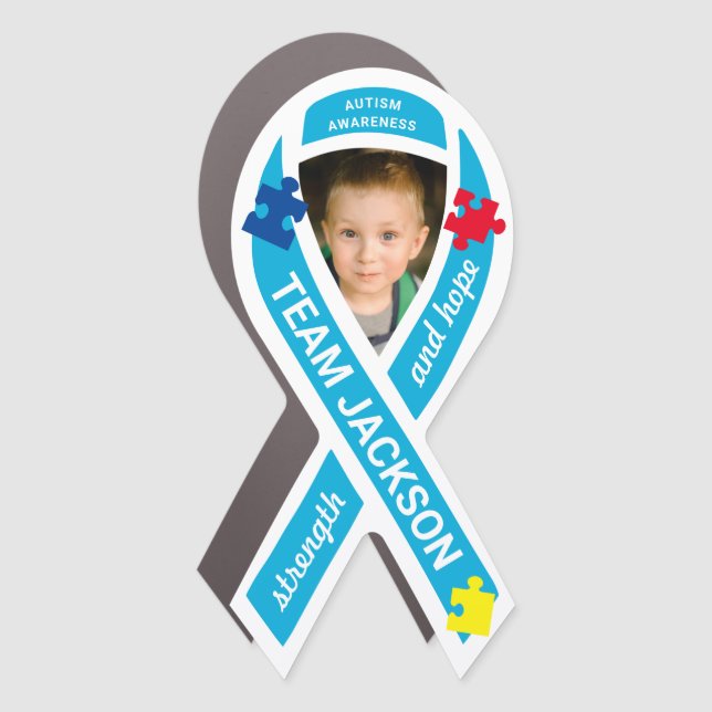 Autism Awareness Photo Blue Puzzle Ribbon Car Magnet (Front)