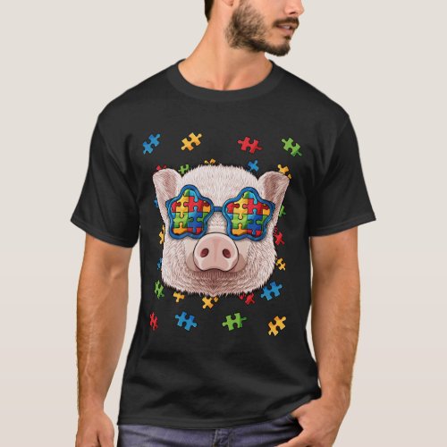 Autism Awareness Pig Puzzle Sunglasses Farmer Auti T_Shirt