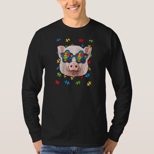 Autism Awareness Pig Puzzle Sunglasses Farmer Auti T-Shirt (Front)
