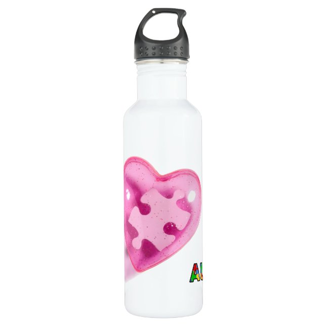 Autism Awareness Pink Heart Customize Water Bottle (Front)