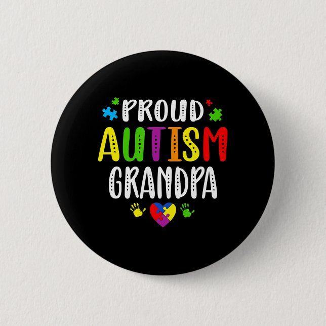 Autism Awareness Proud Autism Grandpa Hand Heart P Button (Front)