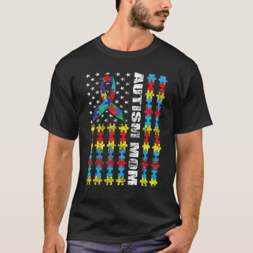 Autism Awareness Proud Autism Mom American Flag Pu T_Shirt