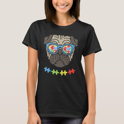 Autism Awareness Pug Puzzle Sunglasses Dog T-Shirt
