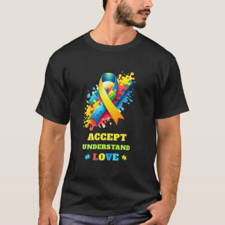 Autism Awareness Puzzle Blue Ribbon Men Women Kids T-Shirt