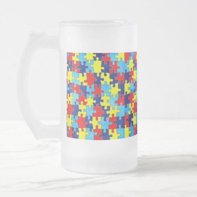 Autism Awareness-Puzzle by Shirley Taylor Frosted Glass Beer Mug (Left)