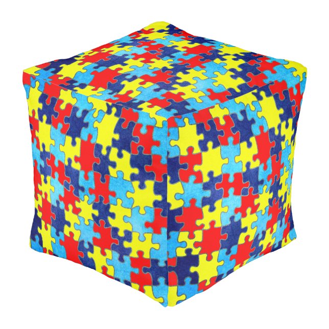 Autism Awareness-Puzzle by Shirley Taylor Pouf (Angled Front)