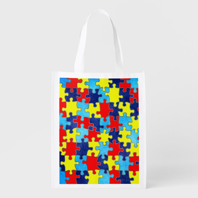 Autism Awareness-Puzzle by Shirley Taylor Reusable Grocery Bag (Front)